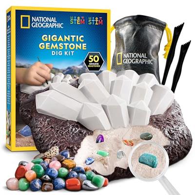 National Geographic Gigantic Gemstone Dig Kit – Excavate 50 Real Gems from a Giant Dig Brick, Gem Mining Kit for Kids, STEM Rock Collection Activity,