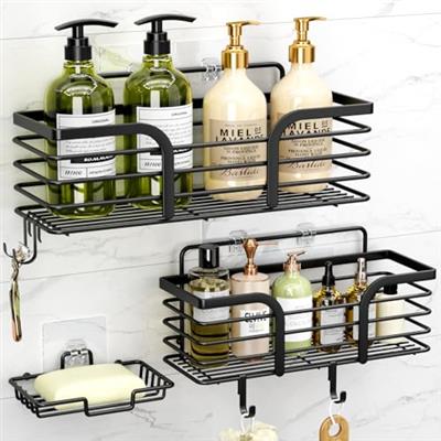 Shower Caddy, Adhesive Shower Organizer with Soap Dish and 4 Hooks, Rustproof Stainless Steel Shower Shelves, Wall Mounted No Drilling Storage Shelf B