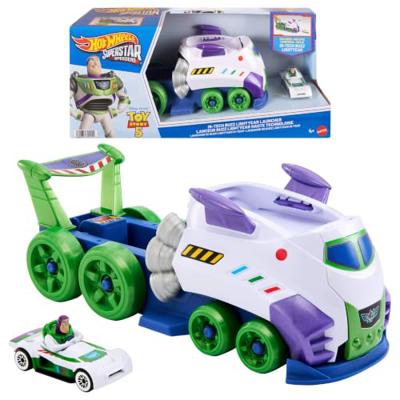 Hot Wheels Toy Car, Disney and Pixar Hi-Tech Buzz Lightyear Launcher & Hauler with 1:64 Scale Die-Cast Superstar Speeder Hi-Tech Buzz Lightyear​​, JJV