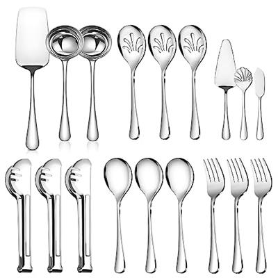 Teivio 18pcs Silver Stainless Steel Large Serving Utensils Set,Include Serving Spoons/Forks/Tongs,Slotted Spoons,Soup Ladles,Butter Knife,Sugar Spoon,