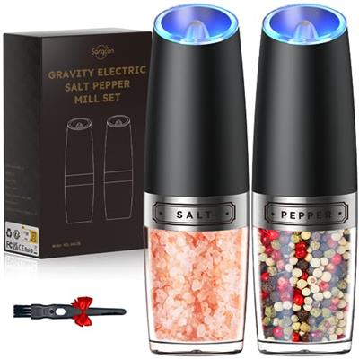 Sangcon Gravity Electric Salt and Pepper Grinder Set Automatic Shakers Mill Grinder with LED Light, Battery Powered Adjustable Coarseness One Hand Ope