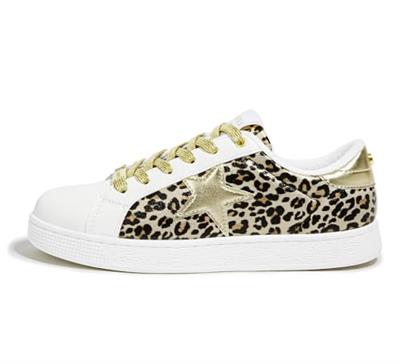 LUCKY STEP Womens Fashion Star Sneaker Lace Up Low Top Comfortable Cushioned Walking Shoes(Gold Leopard Star,8.5 B(M) US)