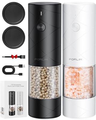FORLIM Rechargeable USB Electric Salt and Pepper Grinder Set with LED Light/Dust Cover, Adjustable Coarseness Automatic Pepper Mill, One-Button Contro
