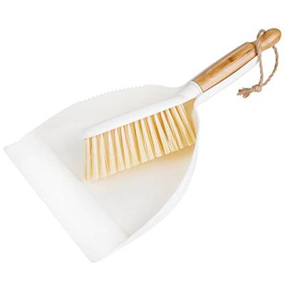 mDesign Hand Held Dustpan and Brush Set - Angled Brush Head, Long Bamboo Wood Handle with Hanging Loop - for Household Cleaning, Kitchen, Garage, Bath