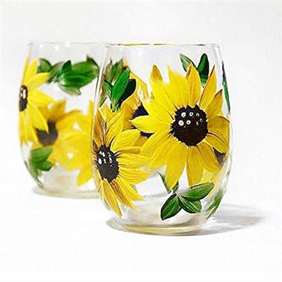 Brushes with a View Handmade Sunflower Stemless Wine Glasses, Gift for Women, Sunflower Kitchen Decor, Rustic Country Farmhouse, Set of 2, Hand Painte