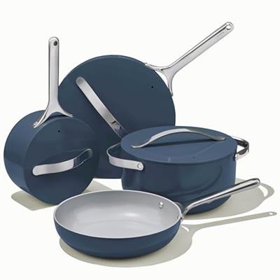 Caraway Nonstick Ceramic Cookware Set (12 Piece) Pots, Pans, Lids and Kitchen Storage - Non Toxic - Oven Safe & Compatible with All Stovetops - Navy