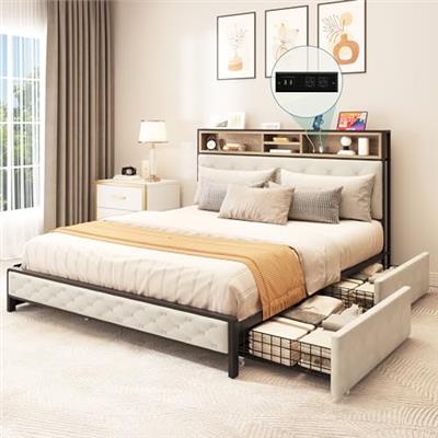 YITAHOME Queen Size Bed Frame with 4 Storage Drawers, Platform Bed Frame with USB Charging Station and Upholstered Headboard, Easy Installation, No Bo