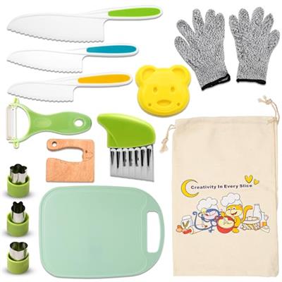 14-Piece Montessori Kitchen Tools Kids Knife Set with Gloves, Cutting Board, Fruit & Vegetable Crinkle Cutters, Safe Serrated Edges, and Plastic Toddl
