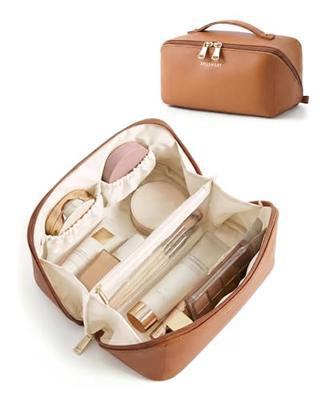 BAGSMART Makeup Bag Travel Cosmetic Bag, Large Make Up Bag Flat Open Toiletry Bag for Women, PU Leather Travel Essentials Organizer Case, Wide-open Po