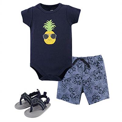 Hudson Baby Unisex Baby Cotton Bodysuit, Shorts and Shoe Set, Pineapple, 9-12 Months