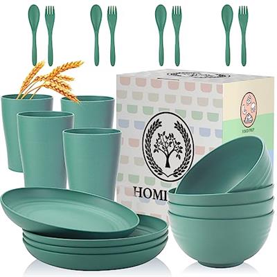 Wheat Straw Dinnerware Sets, Homienly 20pcs Unbreakable Microwave Dishwasher Safe Tableware Lightweight Bowls, Cups, Plates Set Reusable Dinner Plates
