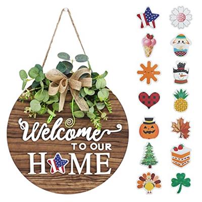 Interchangeable Seasonal Welcome Sign Front Door Decoration, Rustic Round Wood Wreaths Wall Hanging Outdoor, Farmhouse, Porch, for Spring Summer Fall