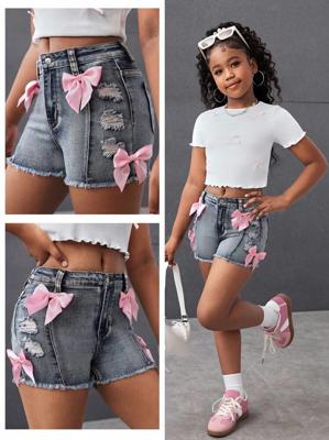 SHEIN Tween Girl Fashion Casual Y2k Vintage Cut Out Ripped Frayed And Pink Big Bow Blue Stretch Tight Denim Shorts Soft Dailywear And Summer And Sprin
