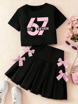 Tween Girl Cartoon Print Round Neck Short Sleeve T-Shirt And Skirt Set | SHEIN USA