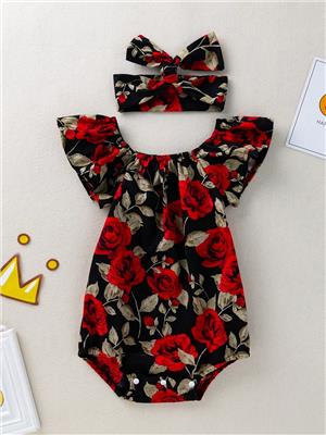 Baby Girls Vintage Rose Pattern Flare Sleeve Romper With Headband