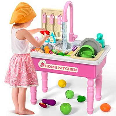 Lucky Doug Play Kitchen Sink Toys with Running Water, Dishwasher Playing Kitchen Toy for Girls Kids Toddlers Play Sink with Upgraded Automatic Water C