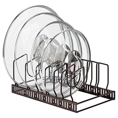 Toplife Pot Lid Organiser Rack for Kitchen Cupboard or Pantry, with 7 Adjustable Compartments, Brown