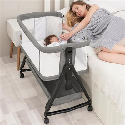Jestonten 3 in 1 Baby Bassinet Bedside Sleeper for Baby,Bedside Cribs with Storage Basket and Wheels for Newborn, Easy Folding Bassinet for Baby and S