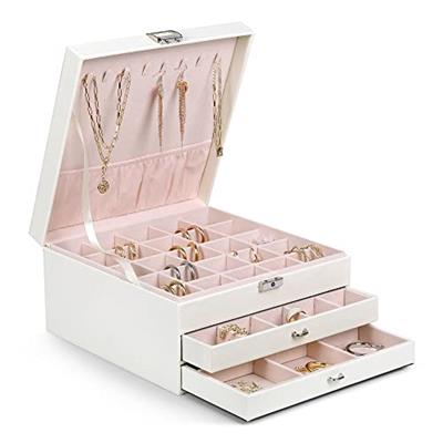 misaya Earring Jewelry Box with 3 Layers, 59 Slots Women Large Earring Organizer Box for Earrings, Rings, Necklace, Gift for Mom, Off White