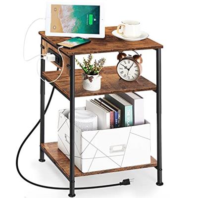 SEHERTIWY Nightstand with Charging Station, Side Tables Living Room, Bed Side Table/Night Stand, 3-Tier End Tables with USB Ports and Power Outlets, S