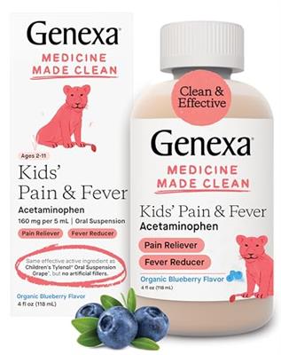 Genexa Childrens Acetaminophen Pain and Fever Reducer | 160 mg per 5mL | Made with Delicious Organic Blueberry Flavor | 4 Fluid Ounces