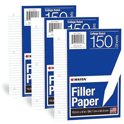 Kaisa Loose Leaf Paper Filler Paper 8x10.5 inches, College Ruled, 3-Hole Punched for 3-Ring Binder, 150 Sheets/Pack (3 Pack) F15001C