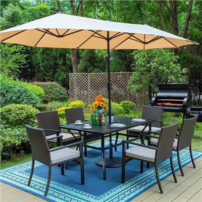 Black 8-Piece Metal Slat Rectangle Table Patio Outdoor Dining Set with Umbrella and Rattan Chairs with Beige Cushion