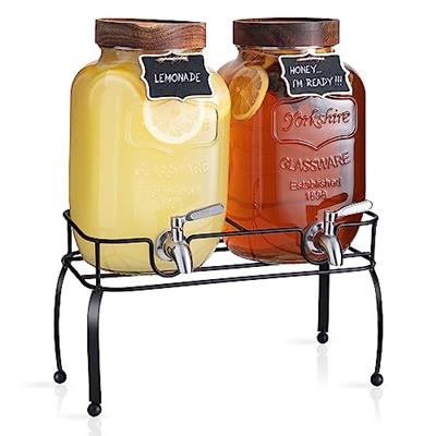 mustry Glass Drink Dispenser for Parties, 1 Gallon Beverage Dispenser with Stand and Spigot Solid Stainless Steel, Used as Lemonade Dispenser Sun Tea