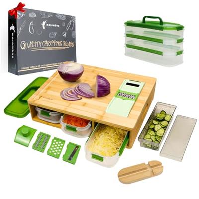 Mosomboo Bamboo Cutting Board with Containers - Extra Large Chopping Board Set with 3 Stackable Containers, 4 Graters, Locking Lid, Juice Groove, Easy