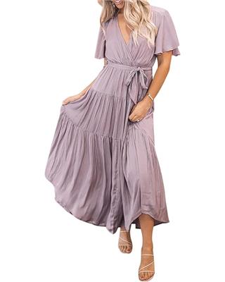 R.Vivimos Summer Dress for Women Cotton Ruffle Short Sleeves V Neck Casual Flowy Midi Dress with Belt (Small, Lavender-Shortsleeve) at Amazon Women’s