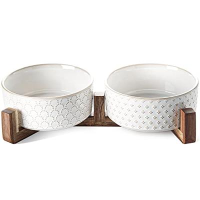 LE TAUCI Dog Bowls Ceramic, Bowl Set with Acacia Wood Stand, 3 Cups Dog Food and Water Bowl for Small Medium Sized, Weighted Dog, Pet Bowls