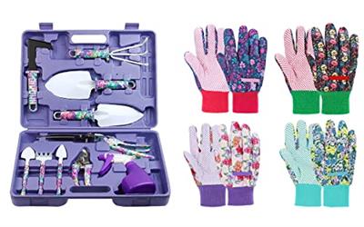JUMPHIGH 10PCS Purple Garden Tools Set & 4 Pairs Floral Garden Gloves for Women(M)