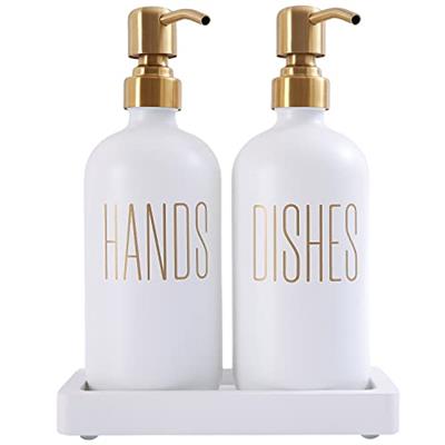 Prus Waso Glass and Stainless Steel Soap Dispenser Set for Kitchen Counters (White)
