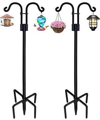 STAUKOK Double Shepherds Hooks for Outdoor, 2 Pack 76 Inch Bird Feeder Pole with 5 Prongs Base, Heavy Duty Garden Hook for Hanging Plant, Lantern, Hum