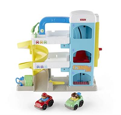 Fisher-Price Little People Toddler Toy Helpful Neighbors Garage Playset with Spiral Ramp and 2 Wheelies Cars for Ages 18+ Months Multicolor