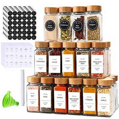 DIMBRAH Spice Jars with Label-4oz 36Pcs, Glass Spice Jars with Bamboo Lids, Container Set with White Printed Labels,Kitchen Empty Jars with Shaker Lid