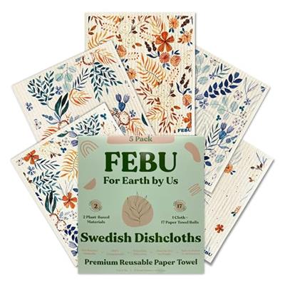 FEBU Swedish Dishcloths for Kitchen | 5 Pack Fresh Flowers Swedish Dish Towels | Reusable Paper Towels Washable | Non-Scratch Cellulose Sponge Cloths