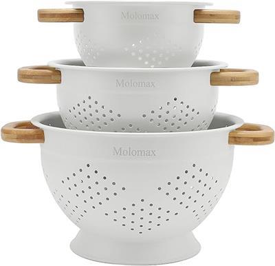 Amazon.com: Molomax Metal Colander with Wood Handle | Set of 3 with Bamboo Handles | 1.5Q, 3Q, 5Q (Light White Icing): Home & Kitchen