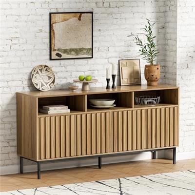 UEV Mid Century Modern Sideboard Buffet Cabinet with Storage,Fluted Sideboard Cabinet,Wood Buffet Cabinet with Metal Legs,Accent Credenza Storage Cabi
