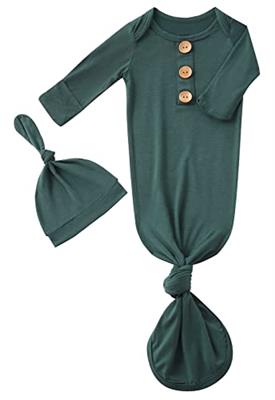 Newborn Baby Boys Girls Knotted Gown Hat Set Soft Viscose from Bamboo Infant Sleeper Baby Sleep Gown with Mittens (Deep Green, 0-3 Months)