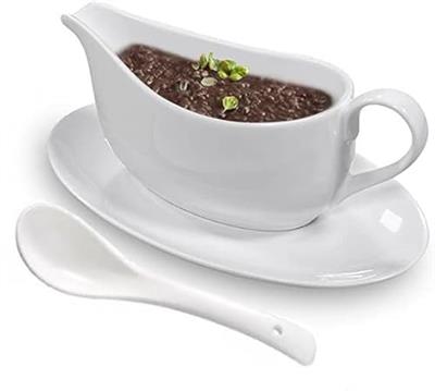 Qlans Gravy Boat With Ladle and Saucer 17 Oz,Ceramic Sauce Boat with Tray for Salad Dressings Milk,Warming Sauces,Creamer,Broth,Black Pepper,White (1