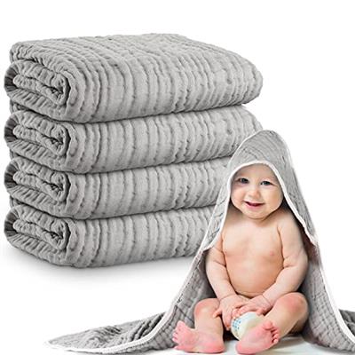 Chumia 4 Pieces Muslin Baby Bath Towel, Cotton Newborn Hooded Towel for Kids, 32x32Inch Hooded Baby Bath Blanket Towel for Babies Toddler Infant Showe