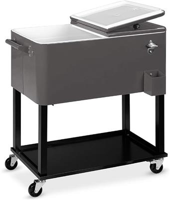 80-Quart Outdoor Steel Rolling Cooler Cart for Cookouts, Tailgating, BBQ Cart with Ice Chest, Bottle Opener, Catch Tray, Drain Plug, and Locking Wheel
