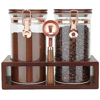 SIQOLNY Glass Coffee Container with Wooden Shelf, 2 x 40 FLOZ Coffee Bean Storage with Sealed Closure Clips and Copper Spoon, Kitchen Large Capacity F