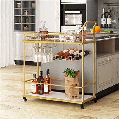 Bar Cart Gold Home Bar Serving Cart Wine Cart with Wine Rack Shelves and Glass Holder Rolling Beverage Cart with 2 Tier Mirrored Mobile Kitchen Dining