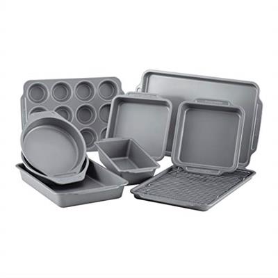 Farberware Nonstick Steel Bakeware Set with Cooling Rack, Baking Pan and Cookie Sheet Set with Nonstick Bread Pan and Cooling Grid, 10-Piece Set, Gray