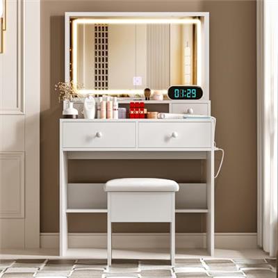 LECEVOCY Vanity Desk Set with LED Lighted Mirror & Power Outlet, Dressing Makeup Table Set with Storage Stool, 4 White Drawer for Bedroom