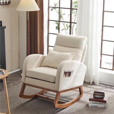 VINGLI Beige Linen Rocking Chair Nursery with Thick Headrest, Upholstered Mid-Century Modern Nursing Rocker Glider with Curved Armrest, Sturdy Solid W