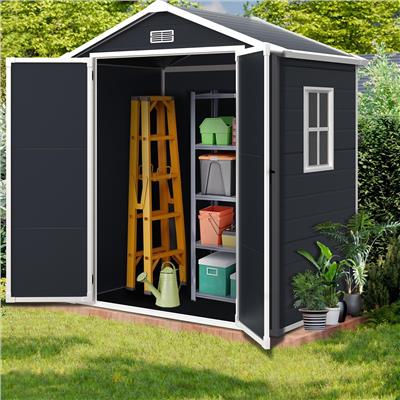 6FT Resin Shed, Outdoor Storage Shed with Floor & Window, Large Patio Plastic Tool Shed for Garden Yard, Lockable Bike Shed with Padlock, as Pet Home