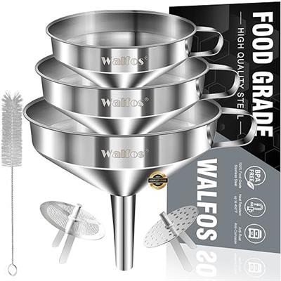 Stainless Steel Funnel, Walfos 3 Pack Kitchen Funnel with 2 Removable Strainer ＆ 1Pcs Cleaning Brush, Perfect for Transferring of Liquid, Oils, Jam, D